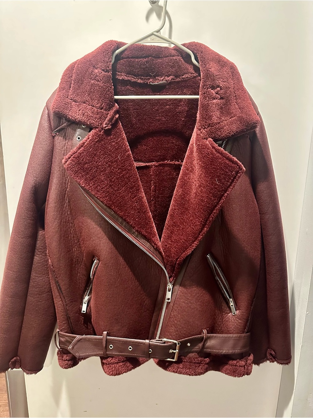 Burgundy Faux Shearling Fleece Lined Moto Jacket/Coat XL